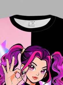 少女休闲时尚彩色韩流女团字母星星印花连衣裙，个性化67数字图案，趣味六七图案，韩流风格印花连衣裙，彩色卡通人物连衣裙 - 彩色 - 查看 4