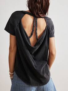 Bohemela 女士休闲纯色针织宽领不对称深V露背水洗短袖T恤，适合度假夏季穿着，黑色上衣 - 黑色 - 查看 7