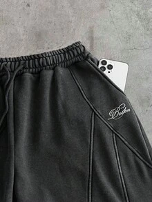 AXEPEAK 男士字母印花做旧抽绳腰休闲百搭日常运动裤 - 黑色 - 查看 3