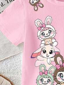 T-shirt à manches courtes décontracté et confortable pour bébé fille, avec un design adorable de lapin en motif, léger et respirant, convient pour le printemps et l'été, mode streetwear, extérieur, école, fête, cadeau - Rose bonbon - Voir 5