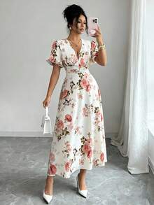 Elenzga 女士印花深V领褶皱短袖连衣裙 - 彩色 - 查看 4