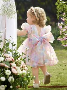 Cute & Elegant Princess Dress, Colorful Organza Bow Short Sleeve Dress, Formal Outfit - Multicolor - View 3