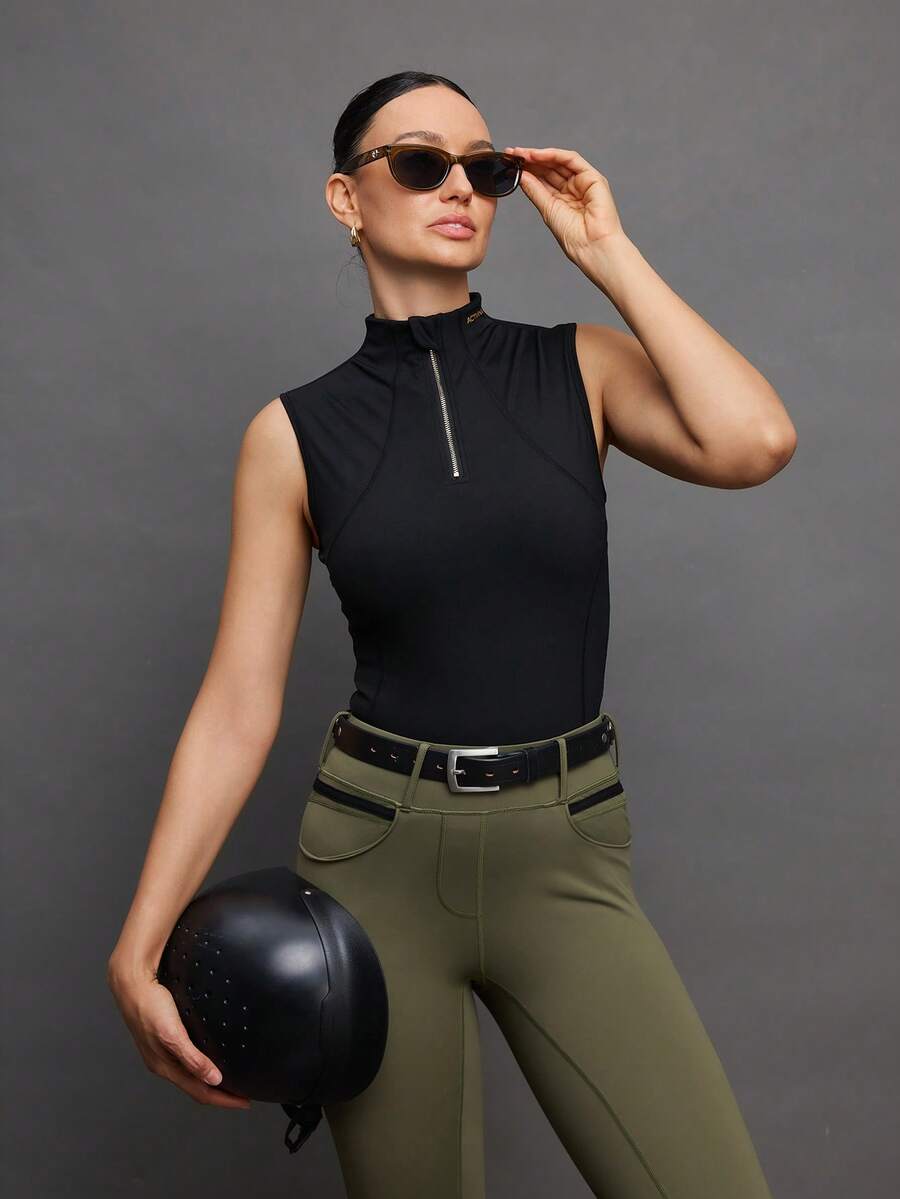 Activina Women's Solid Color Stand Collar Zipper Half Placket Casual Equestrian Top Equestrian Clothing Women's Equestrian Active Wear For Women Sleeveless Tops For Women - Black - View 1