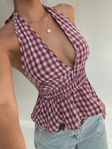 Aloruh Women's Plaid Halter Backless Shirt Checkered Top Halter Top Top Summer Top Plaid Top - Khaki - View 5