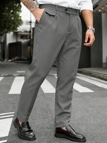 Manfinity Mode Quần tây nam cỡ lớn, kiểu dáng thường ngày, công sở, túi xéo, thích hợp cho công việc hoặc trang phục trang trọng. - Màu xám đen - Xem 6