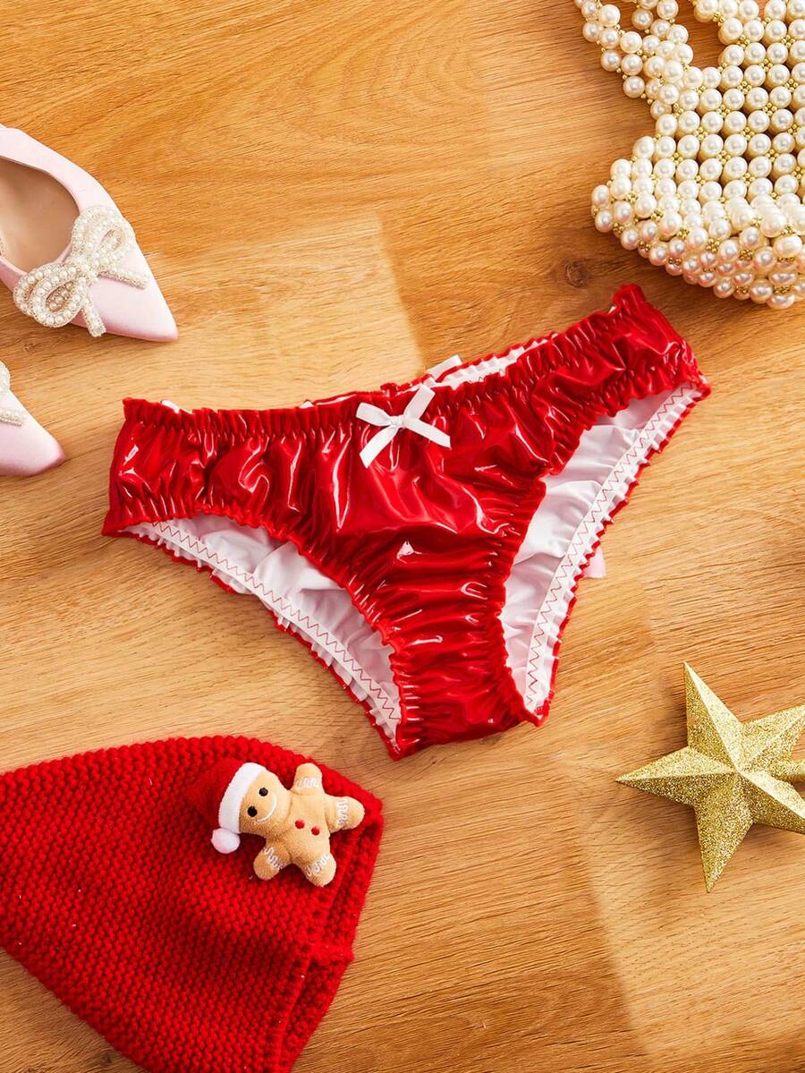 FairyFlirt Y2K圣诞节开衩裆部镂空PU拼接蝴蝶结亮面无裆内裤，性感可爱女士内衣 - 紅色 - 查看 1