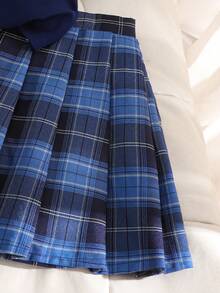 Set de 2 piezas: Blusa de cuello polo de manga corta y falda mini a cuadros, estilo escolar primavera/verano para adolescentes. Adecuado para la escuela, deportes o atuendos casuales. - Azul Marino - Ver 7