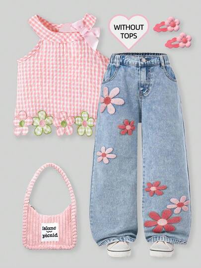 SHEIN 年轻女孩时尚雪花水洗做旧花卉植绒阔腿牛仔裤，90年代风格