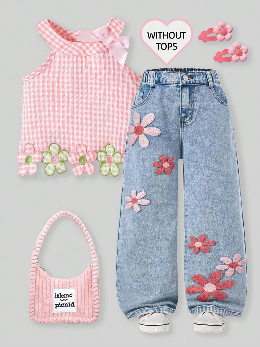 SHEIN Jeans de pierna ancha con lavado desgastado, estampado de flores y efecto de flocado de copo de nieve, estilo años 90 para niña - Azul - Ver 1