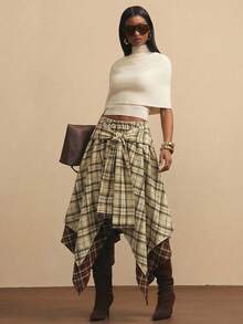 NYA SZN Skirt High Rise Loose Tie Knot Plaid Red Yellow Grunge Holiday Festival Winter Special Occasion Elegant Luxury Outfits For Women - Khaki - View 1