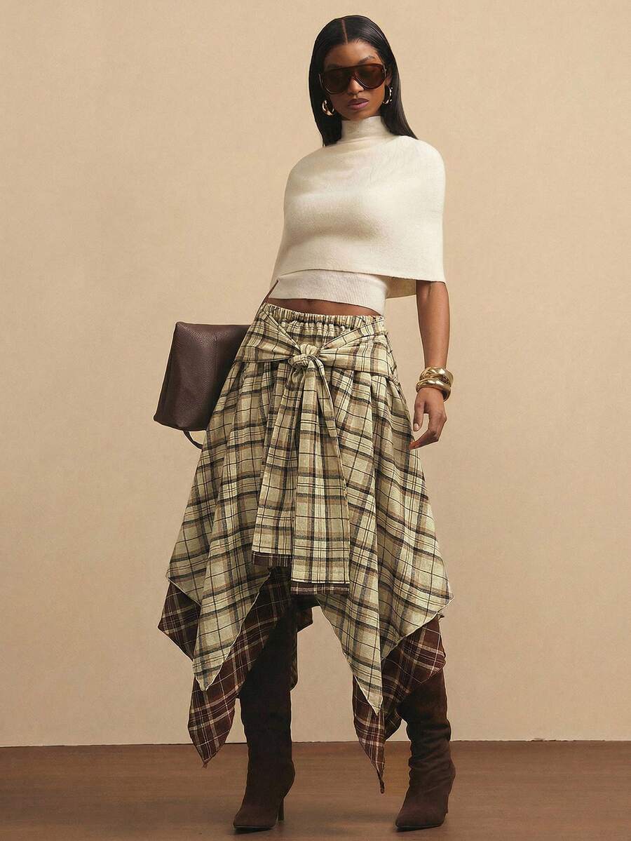 NYA SZN Skirt High Rise Loose Tie Knot Plaid Red Yellow Grunge Holiday Festival Winter Special Occasion Elegant Luxury Outfits For Women - Khaki - View 1