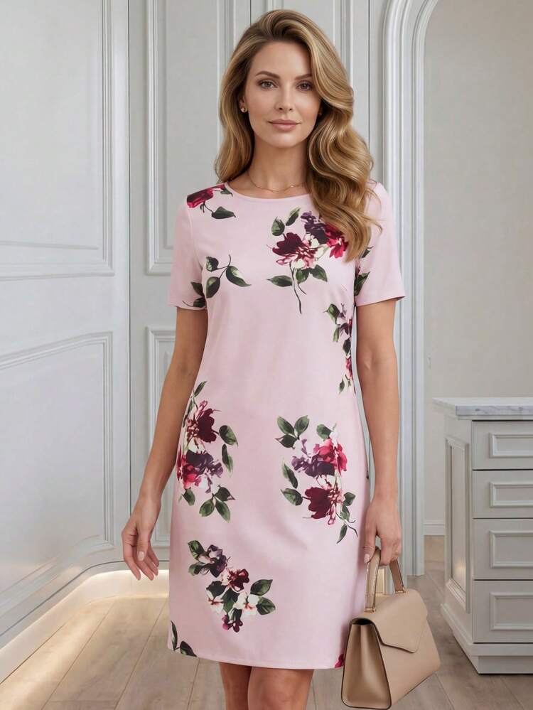 Abito corto casual da donna con scollo rotondo e maniche corte, con stampa floreale all-over, abiti da compleanno per donne, outfit estivi, abito floreale