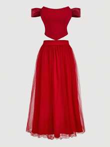 SHEIN MOD Vintage Court Red Off-Shoulder Bardot Top With Organza Panel And Cross Tie, Vintage Romantic, Wedding Wear, Garden Tea Party, Date, Party, Women's Summer And Spring Wear, Spring Break, Vacation, Picnic, Festival, Birthday. Red Off Shoulder Top Corset Top Off Shoulder Top Red Corset Top Red Top - Red - View 5