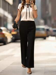 Editum 嘉年华服装，修身女士撞色短袖衬衫，夏季教师白色衬衫，乡村夏季 - 杏色 - 查看 8