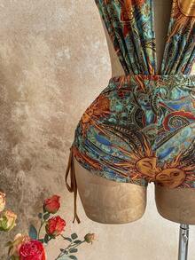 Soleia Women's Halter Tie Backless Ruched Sunflower Print Sexy Romper For Vacation, Date, Outing - Multicolor - View 7