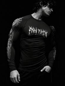 Manfinity Sport PWRUP Long Sleeve Fitted Raglan Sleeve Casual Fashion Print Top - Black - View 2