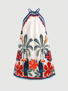 SHEIN Vestido informal de vacaciones para niñas preadolescentes con cuello halter, fruncido, holgado y con corte en A, estampado floral tropical sin mangas, color verde - Verde - Ver 5