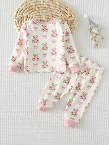 Cozy Pixies 新生女宝宝卡通熊图案针织柔软圆领长袖上衣和松紧腰裤两件套 - 粉色 - 查看 2