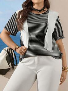 Zelara 大码女式夏季圆领条纹短袖T恤，侧边弧形设计，透气舒适 - 黑與白 - 查看 5