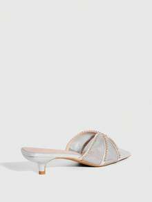 CUCCOO SZL 时尚方头小猫跟粉色网眼水钻链条露趾凉鞋，优雅女士中跟穆勒鞋 - 粉色 - 查看 8