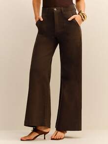 Daynim Calça Feminina Wide Cropped com Elastano Elegante Trabalho Marrom Média Carpinteiro - Castanho - Visão 4