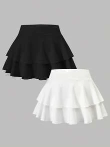 2件套少女休闲百搭日常居家运动瑜伽健身学校服多层修身针织迷你裙，春夏款 - 彩色 - 查看 2