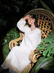 Al Najma Áo kiểu trắng tay phồng cổ chữ V thanh lịch - trắng - Xem 7