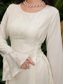 Al Najma Jacquard Patchwork Tie-Up Design Waist Cinched Round Neck Flare Sleeve Elegant Party Dress - Apricot - View 3