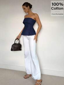 Siren Gaze 亚麻棉抹胸：凸显腰线的波西米亚风职场装 | Old Money Elegance 2025 夏季新品发布 | 日夜过渡 & 职场风格 海军蓝抹胸 无肩带荷叶边上衣 女式无肩带上衣 女式荷叶边上衣 - 藏蓝色 - 查看 6