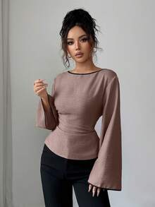 Siren Gaze Slim Fit Blouse With Contrast Trim, Long Flared Sleeves, Round Neck, Thin Back Straps - Maroon - View 7