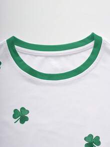 Resyla 女士绿色四叶草图案撞色印花简约圆领短袖T恤上衣，夏季时尚 - 彩色 - 查看 3