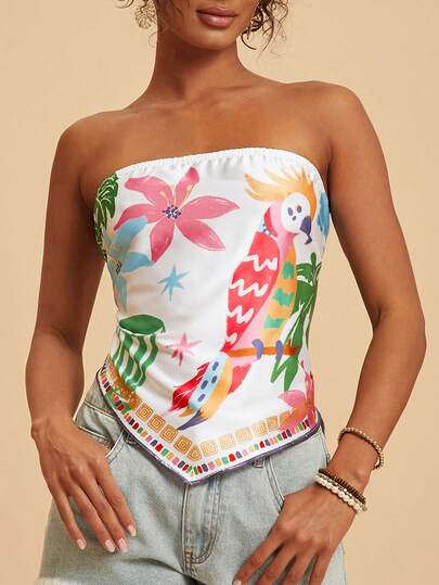 Travachic Women's Simple Tropical Print Strapless Top, Casual Beach Vacation, Suitable For Holiday, Afternoon Tea, Wedding Season, Beach Cruise Vacation, City Road Trip Vacation, Boho Vacation, Music Festival, Beachwear, Easter, Beach For Woman, Elegant Tops For Women, Vacation Women, Concert Women, Tropical Vacation Woman, Holiday, Bohemian,For Spring Summer And Autumn