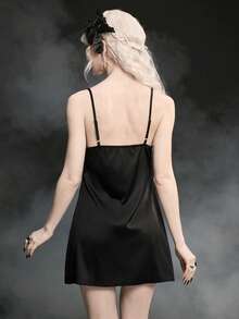 ROMWE Goth Đầm mini ôm sát in hình trái tim phong cách Lolita tối màu, phối ren tương phản dành cho nữ. - màu đen - Xem 3