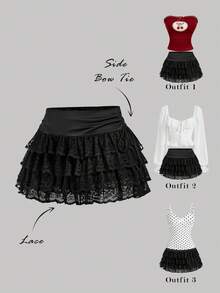 SHEIN MOD 女士黑色多层蝴蝶结褶皱迷你裙，春夏款，情人节款，优雅款，度假装，夏季女装，春季款，夏季假期，派对款，海滩款，夏季假日款，Y2K风格，黑色半身裙，毕业典礼款，优雅款，度假款 - 黑色 - 查看 1