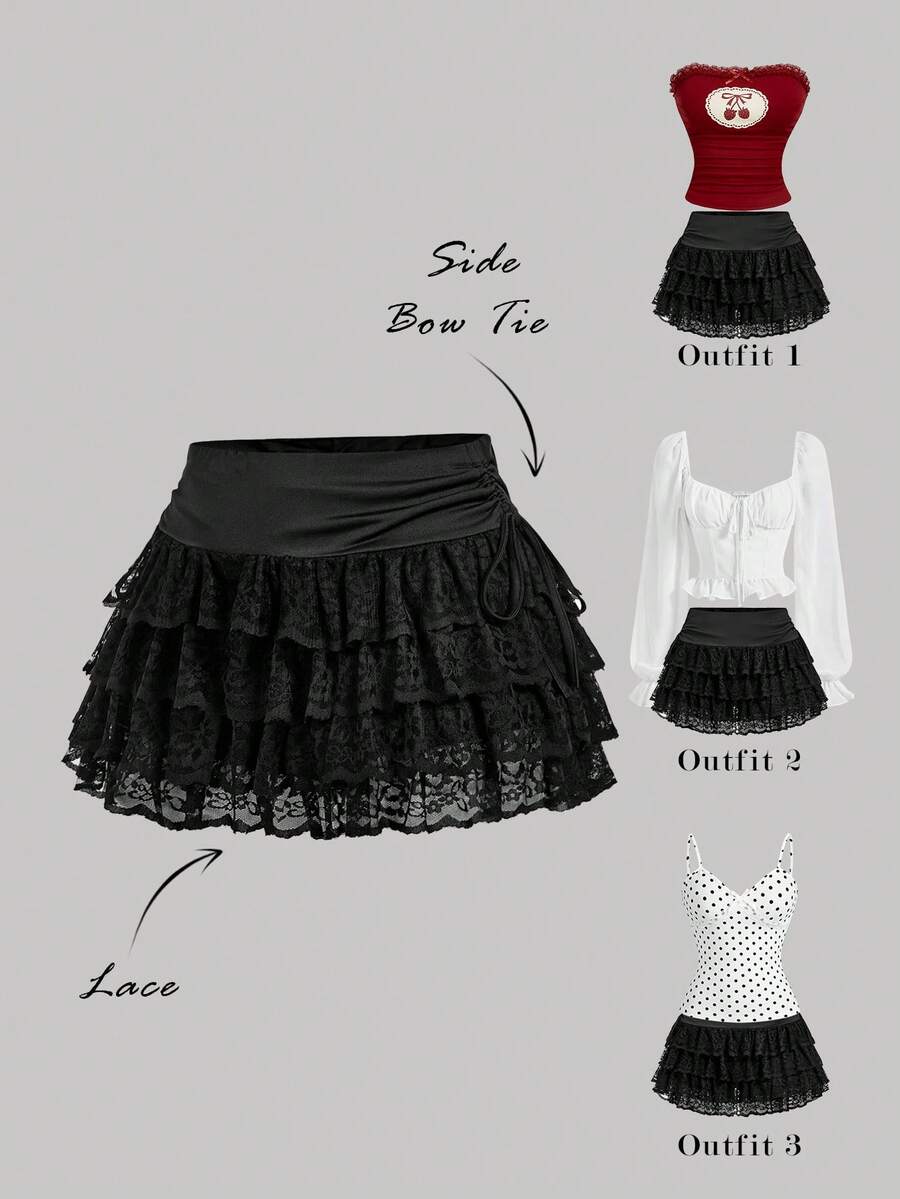 SHEIN MOD 女士黑色多层蝴蝶结褶皱迷你裙，春夏款，情人节款，优雅款，度假装，夏季女装，春季款，夏季假期，派对款，海滩款，夏季假日款，Y2K风格，黑色半身裙，毕业典礼款，优雅款，度假款 - 黑色 - 查看 1