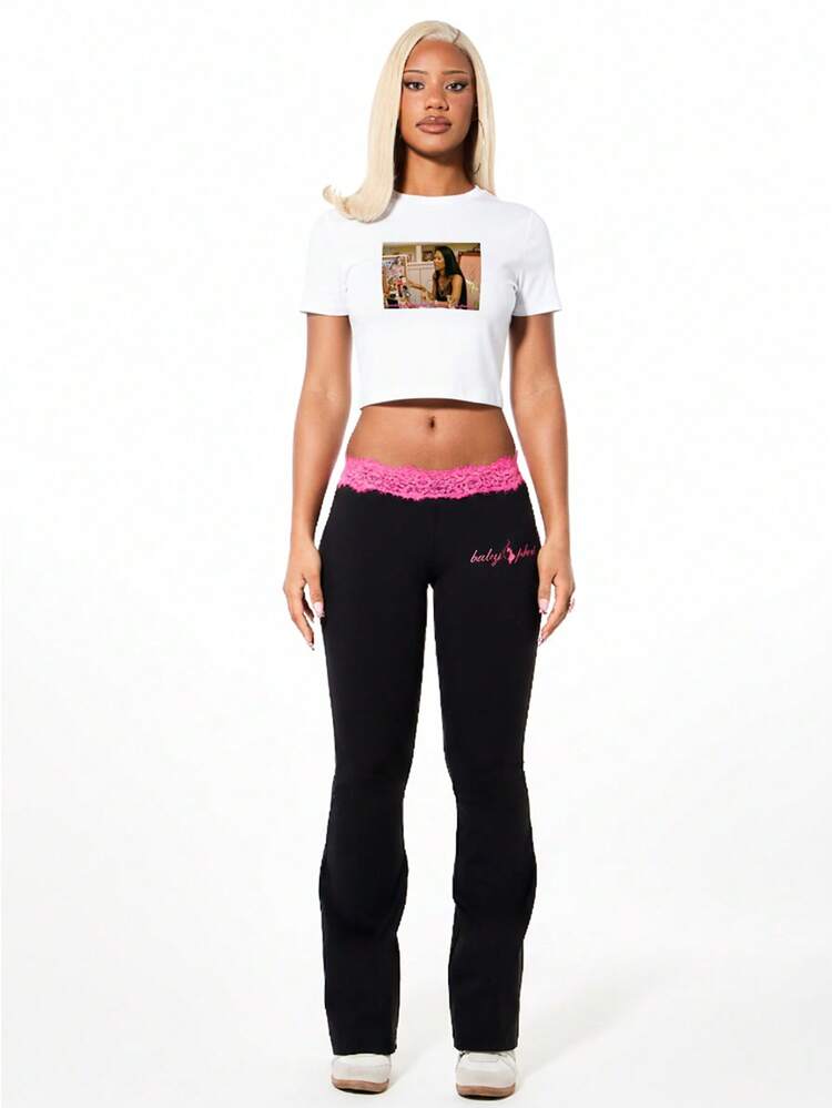 BABYPHAT Women's White Crew Neck Short Sleeve Crop T-Shirt With Movie Scene Photographic Print Perfect For Casual Everyday Wear And Summer Styling
