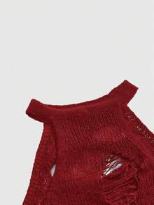 ROMWE Grunge Punk Áo dệt kim nữ màu trơn cổ yếm, kiểu dáng ôm sát, phong cách rách rưới, đa năng. - Màu Đỏ Sâu - Xem 4