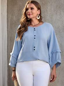 EMERY ROSE Blusa de manga 3/4 de cuello redondo de color azul sólido casual de vacaciones de talla grande para mujer, ideal para vacaciones de verano, vacaciones de primavera, vacaciones, salidas, 2026 nueva, simple y de moda para uso diario, blusa casual de vacaciones bohemia, blusa azul claro, blusa azul bebé para mujer, blusa casual de vacaciones bohemia, adecuada para verano, vacaciones, viajes, uso diario - Azul - Ver 1