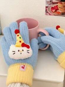 1pc Girly Winter Thermal Five-Finger Gloves | Cute Doll Fluffy Knit Gloves For Student Writing & Typing - Multicolor - View 13