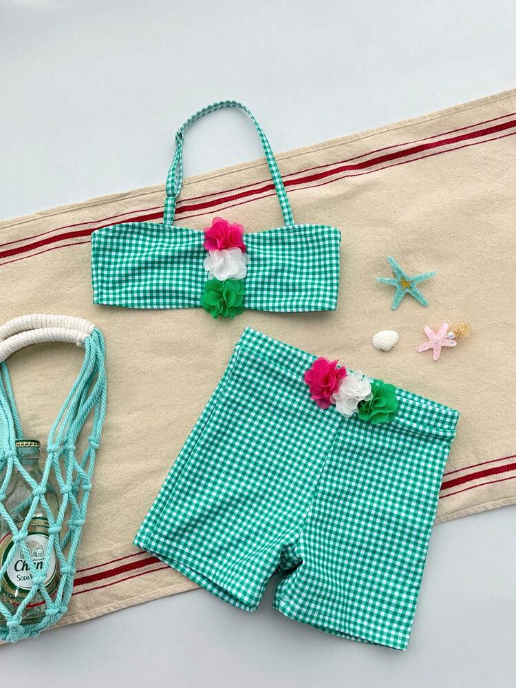 Young Girl Floral Decor Plaid Halter Swimwear Set For Beach Vacation Summer