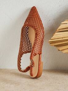 SHUZIA 女式宽版时尚编织尖头露跟平底鞋 - 棕色 - 查看 7