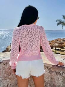 SHEIN Spring Lightweight Knitted Tie-Front Cardigan With Textured Diamond Pattern, Soft Baby Pink Color, Feminine Chic Layering Essential - Red - View 2