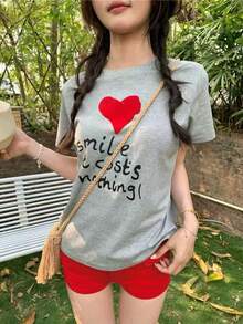 K-Vae Camiseta de manga corta casual con estampado de corazón y letras - Gris - Ver 4