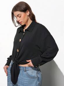 Maija Plus Size Black Autumn Smart Casual Office Women's Long Sleeve Shirt,Metal Buckle Hem Tie Front Button Up Cropped Blouse,Formal Business Party Top - Black - View 6