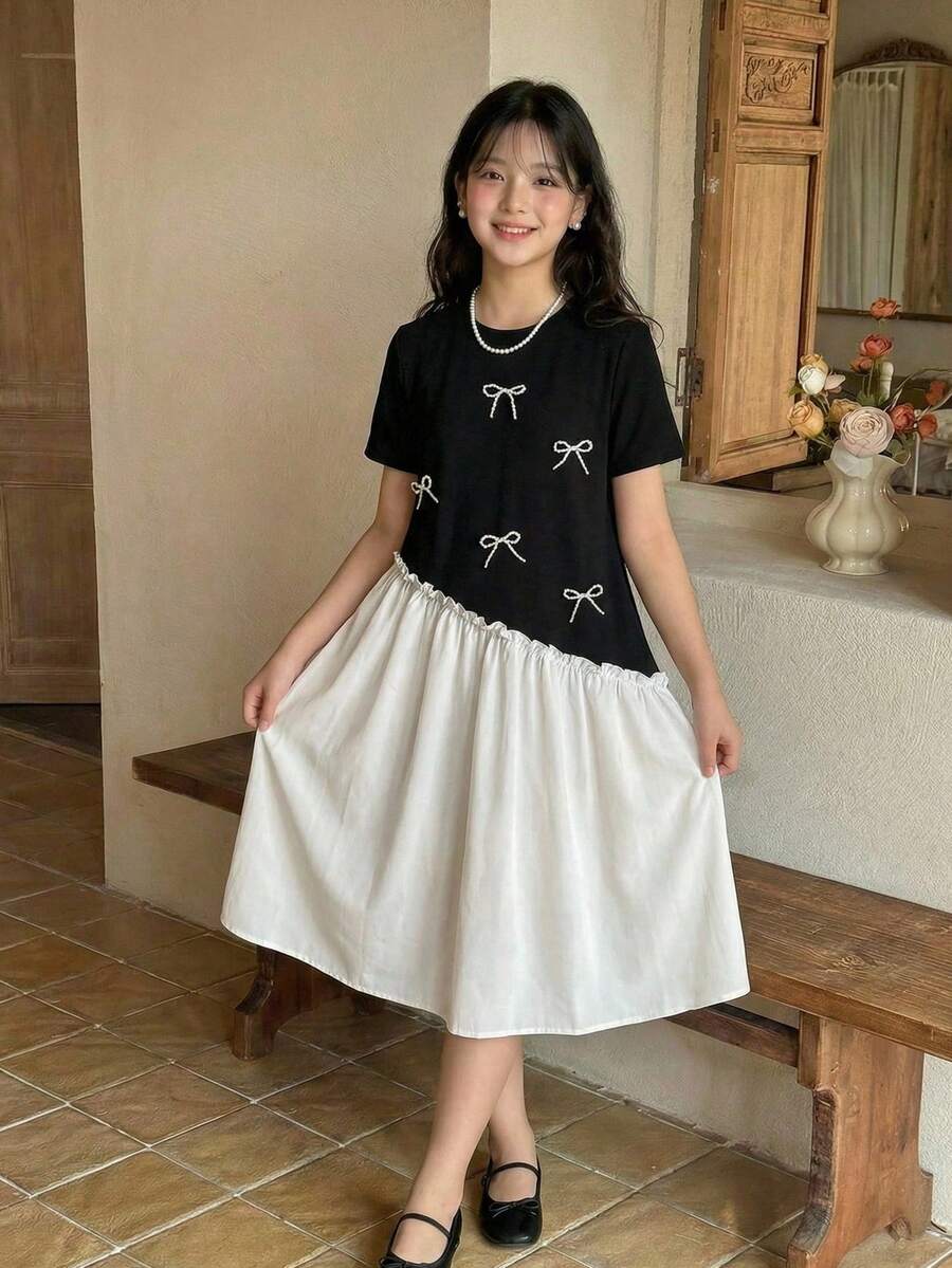 Tween Girls' Elegant Princess Beaded Bow Round Neck Puff Sleeve Hem Patchwork Ruffle Dress,White And Black,Summer,Cute,Tea Party Vacation Banquet - Black - View 1