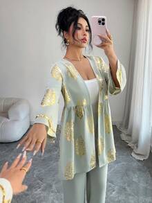 Al Najma Conjunto de 2 piezas de chaqueta y pantalones con estampado floral elegante y apertura frontal para mujer, otoño - verde menta - Ver 9