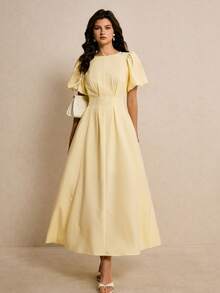 Poéselle 女士纯色圆领插肩花瓣袖收腰连衣裙 - 淡黃色 - 查看 2