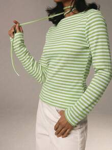 Athîral 情人节女士休闲条纹圆领长袖T恤，秋季款 - 綠色 - 查看 1