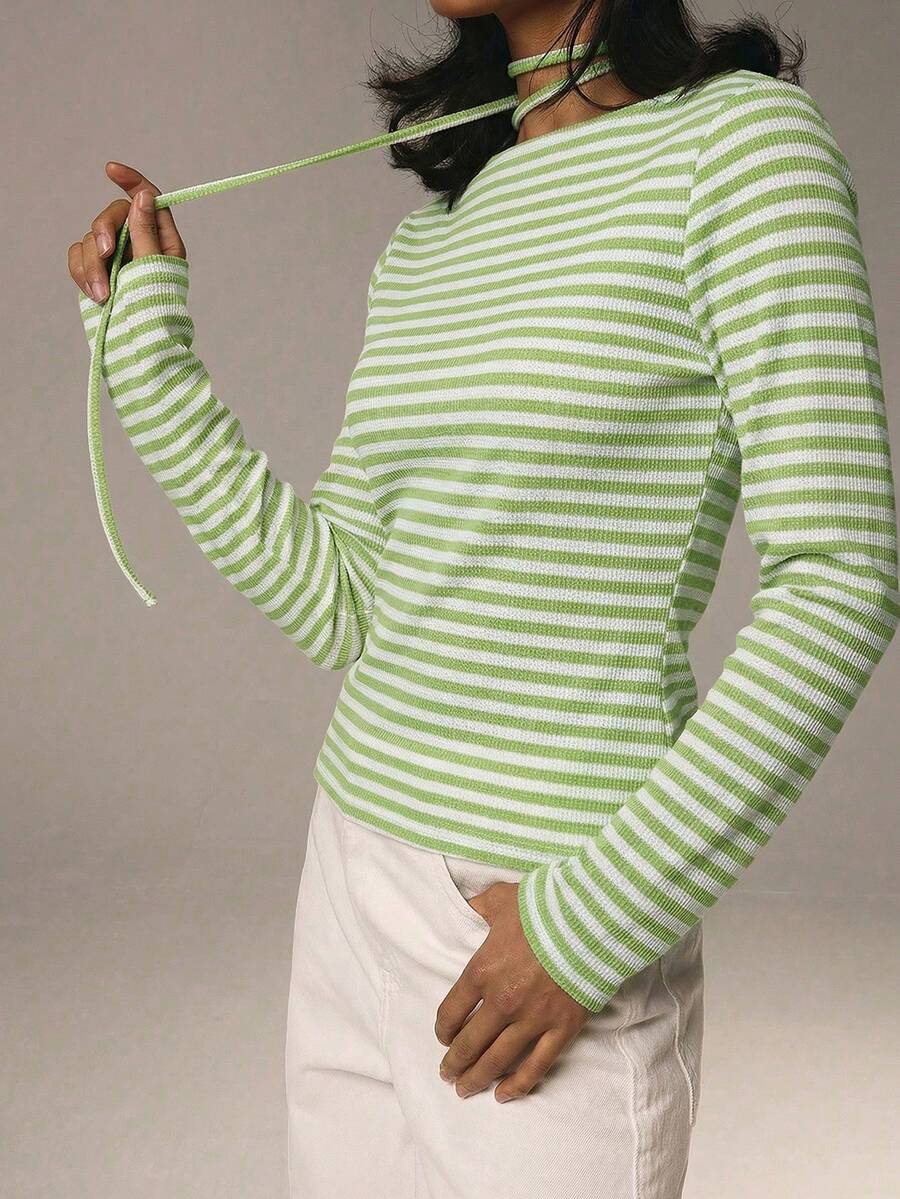 Athîral 情人节女士休闲条纹圆领长袖T恤，秋季款 - 綠色 - 查看 1