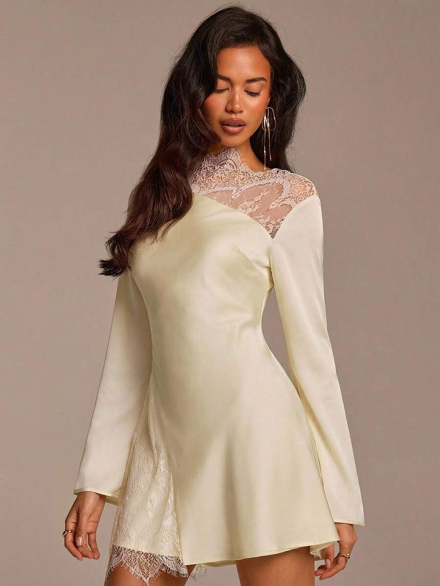 COSMINA 女士浅黄色喇叭袖蕾丝拼接迷你连衣裙，休闲度假派对婚礼浪漫蕾丝拼接连衣裙 - 淡黃色 - 查看 1